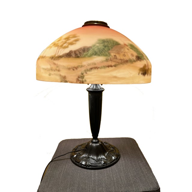 Antique 1920s Pittsburgh Iron & Brass Table Lamp & Painted Glass Shade For Sale - Image 9 of 12
