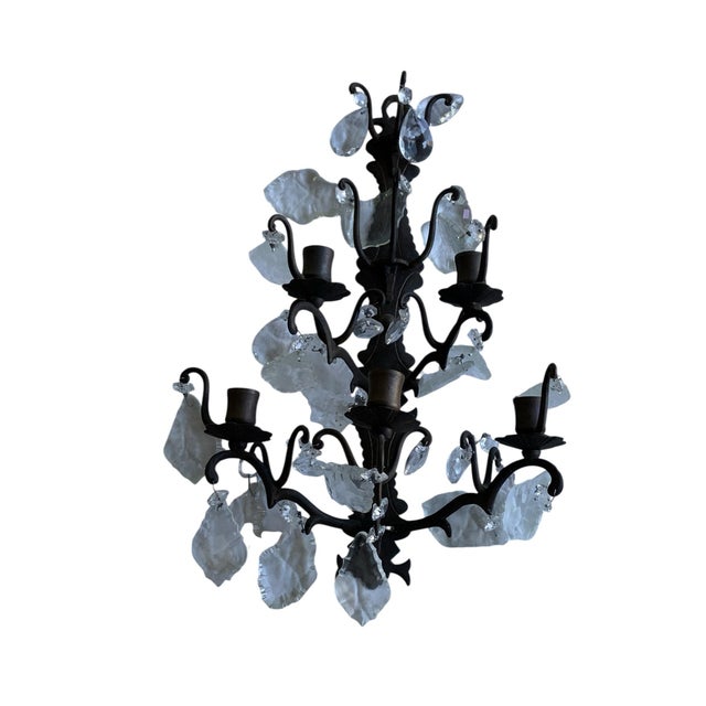 1920s Antique Pair 1920s 5 Arm Candelabra French Italian Rustic Wall Sconces Ornate Wrought Iron W/Crystals For Sale - Image 5 of 7