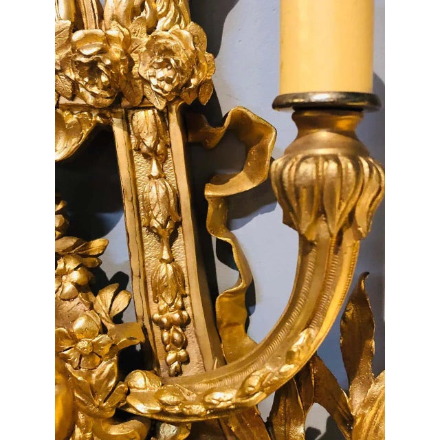 Pair of Four-Light Louis XVI Style Bird & Face Mounted Gilt Bronze Wall Sconces For Sale - Image 12 of 13
