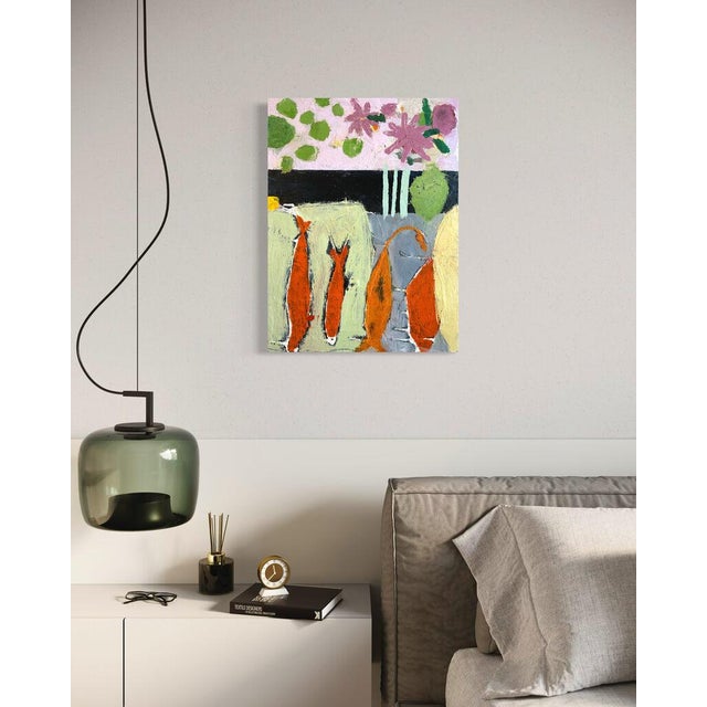 Green Christiane Corcelle "Bittersweet" Mixed Media on Board, Abstract Still Life With Orange Fish and Flowers, 2025 For Sale - Image 8 of 8