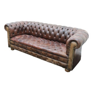 1950s Vintage Aged Brown Tufted Leather Chesterfield Sofa Mid-Century With Great Patina For Sale