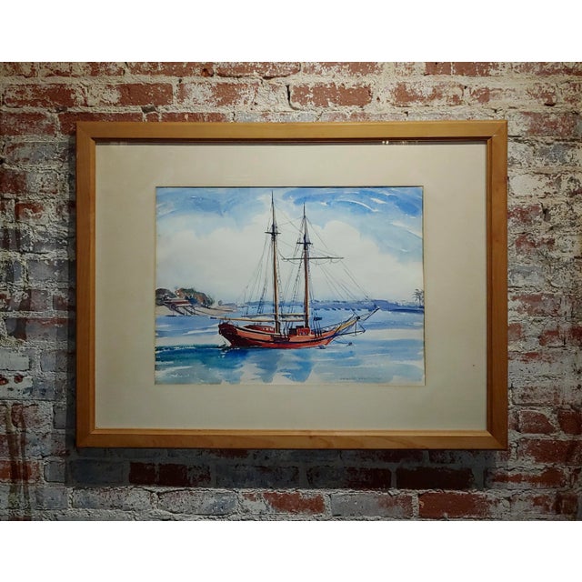 Virgene Hawthorne - Red Sail Boat Resting at Bay - 1950s Painting For Sale - Image 9 of 9