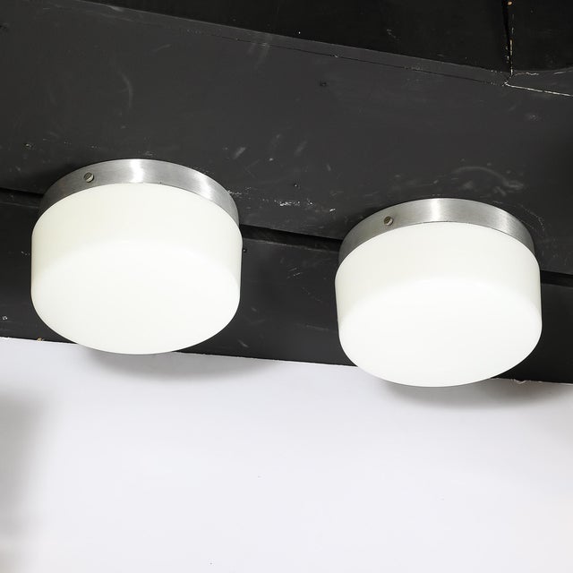 Pair of Mid-Century Cylindrical Milk Glass Flush Mounts W/ Brushed Aluminum For Sale - Image 10 of 14