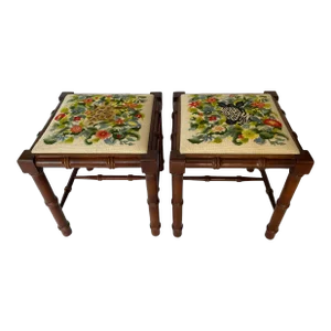 Pair of Walnut Faux Bamboo Stools With Giraffe & Zebra Needlepoint Upholstered Seats