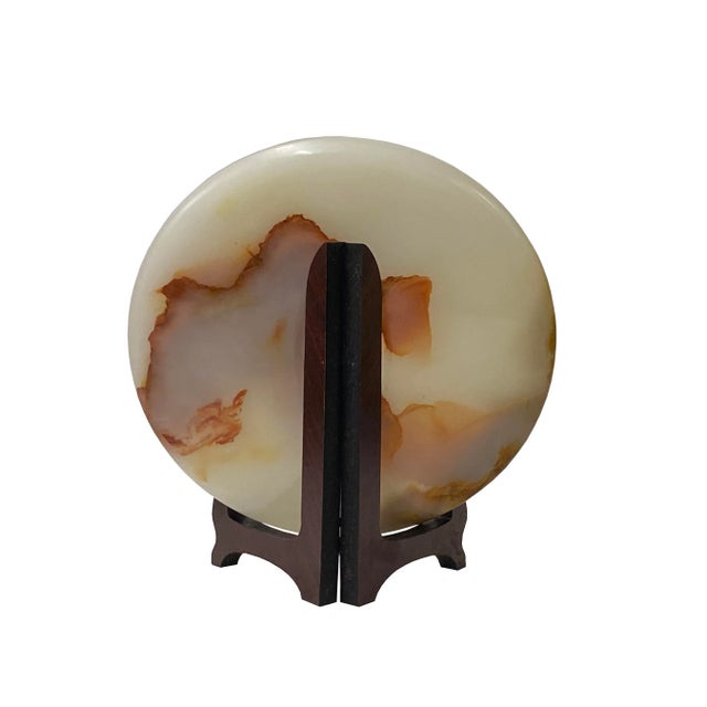 Natural White Brown Onyx Stone Round Fengshui Home Decor Display For Sale - Image 4 of 5
