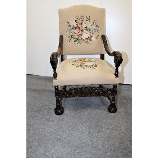 Jacobean Jacobean Carved Walnut Needlepoint Arm Chair For Sale - Image 3 of 8