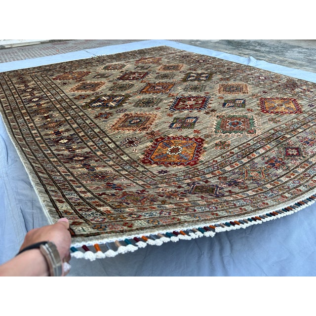 Textile Hand-Knotted Afghan Kazak Wool Area Rug - 8'2" X 10' For Sale - Image 7 of 14