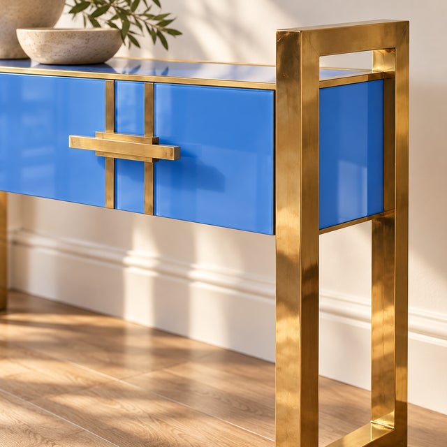 Italian Console Table in Blue Murano Glass and Brass from Justfurnituress SRL For Sale - Image 6 of 10