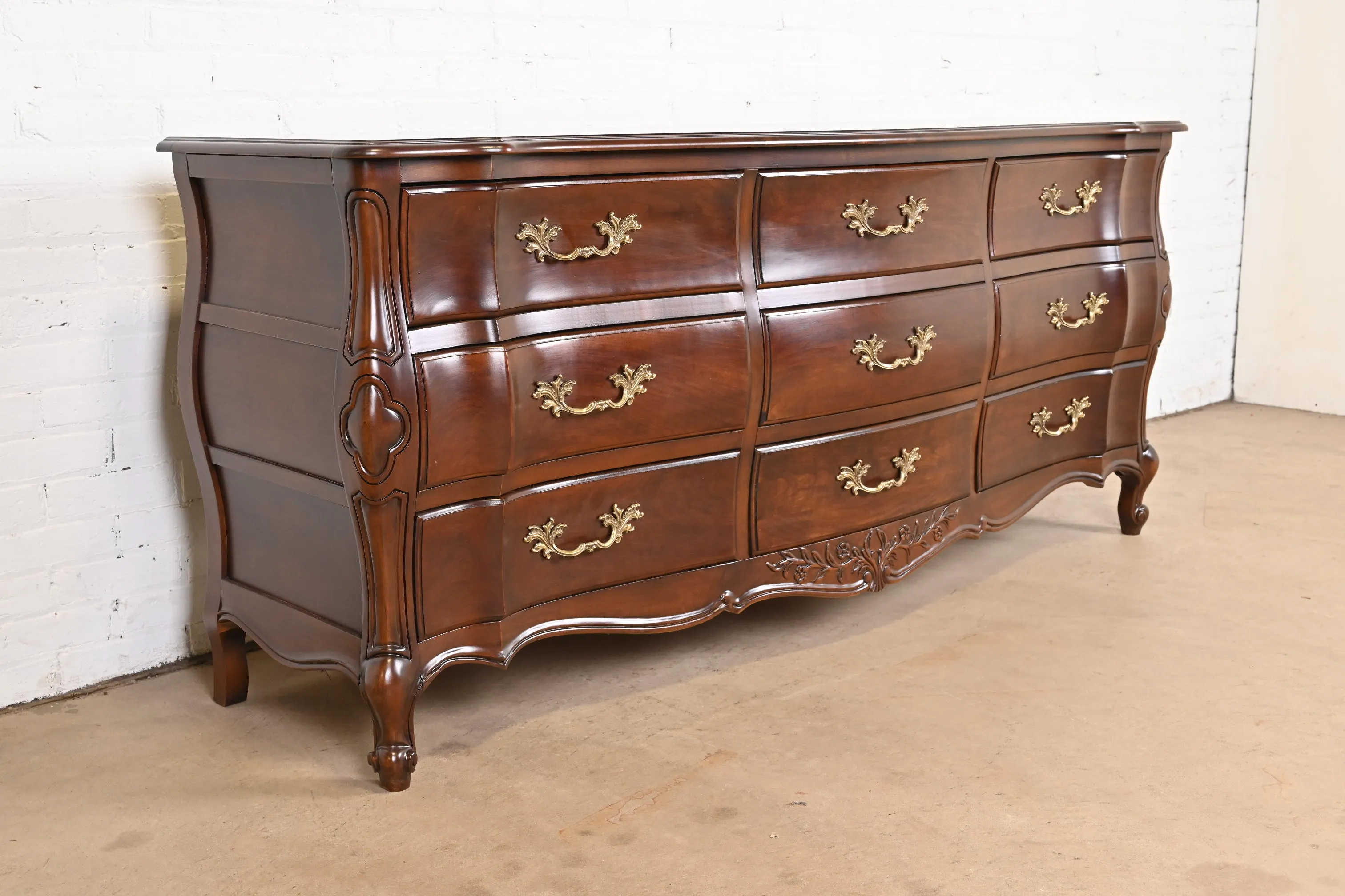 French Provincial Louis XV Carved Cherry Wood Triple Dresser by