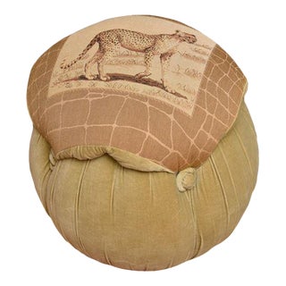 Vintage Mid-Century Round Ottoman Upholstered With Wildlife Tapestry For Sale