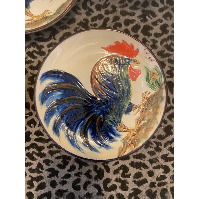 Vintage Portuguese Low Relief Pottery Rooster Plates For Sale - Image 10 of 12