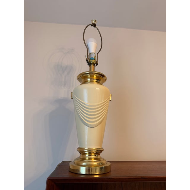 Vintage Hollywood Regency Brass & Cream Ceramic Drape Table Lamps - A Pair For Sale - Image 12 of 12