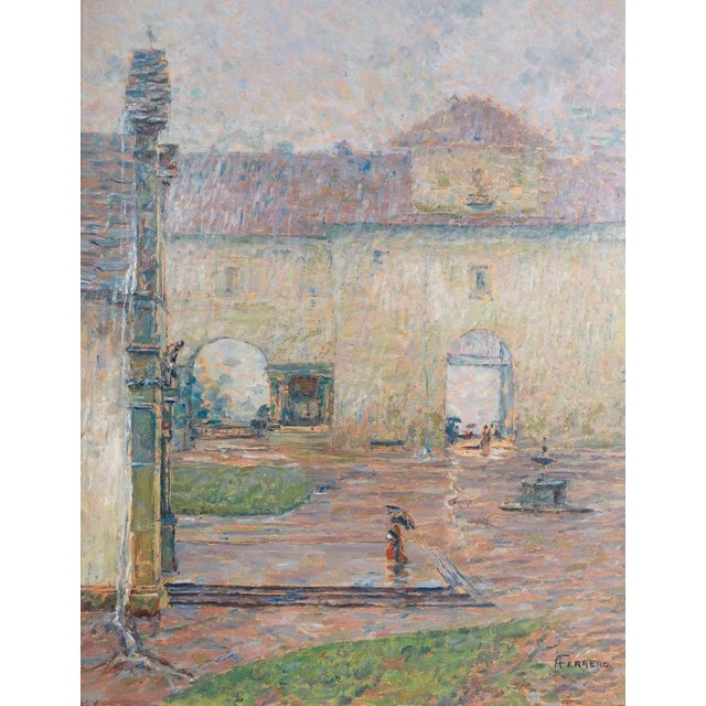 Painting by alberto ferrero it's raining at the sanctuary of oropa. Oil on masonite. Origin italy period first half of the...