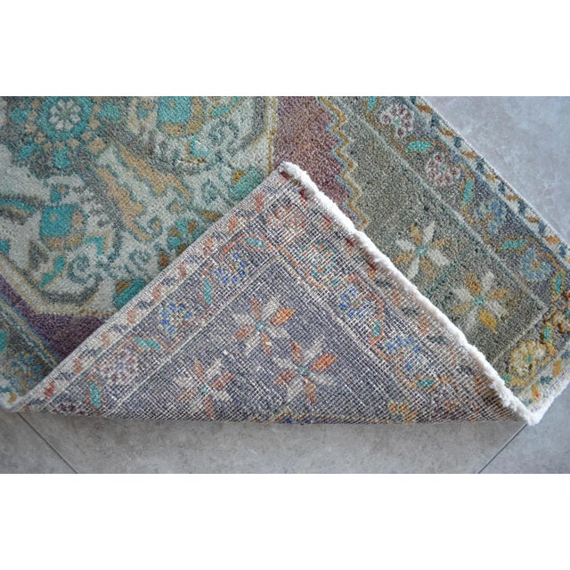 Hand Knotted Small Oushak Rug Faded Mini Rug Mat - 1'8" X 3'6" For Sale - Image 6 of 7