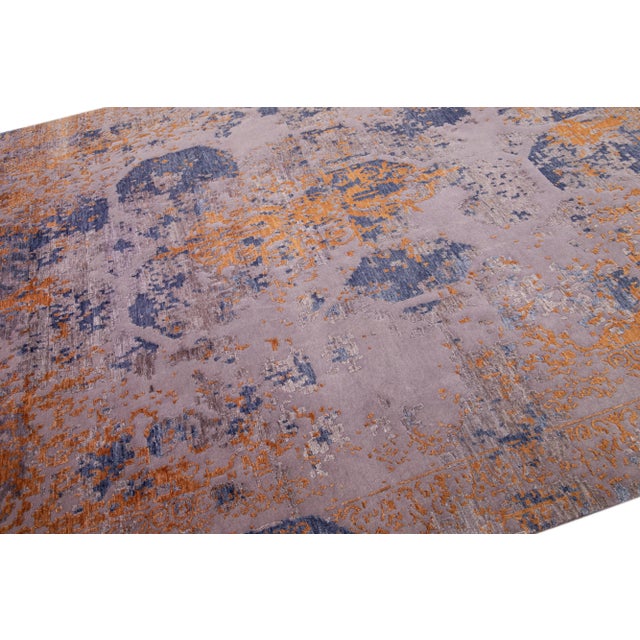 2010s Abstract Handmade Wool & Silk Rug in Blue and Orange For Sale In New York - Image 6 of 7