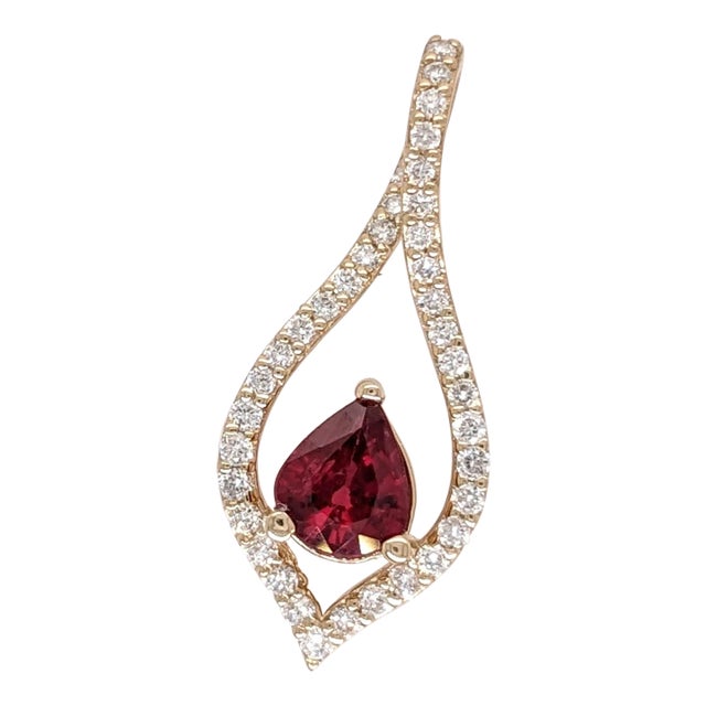 Ruby Pendant with Natural Diamonds in Solid 14K Yellow Gold Pear Shape 6x5mm For Sale