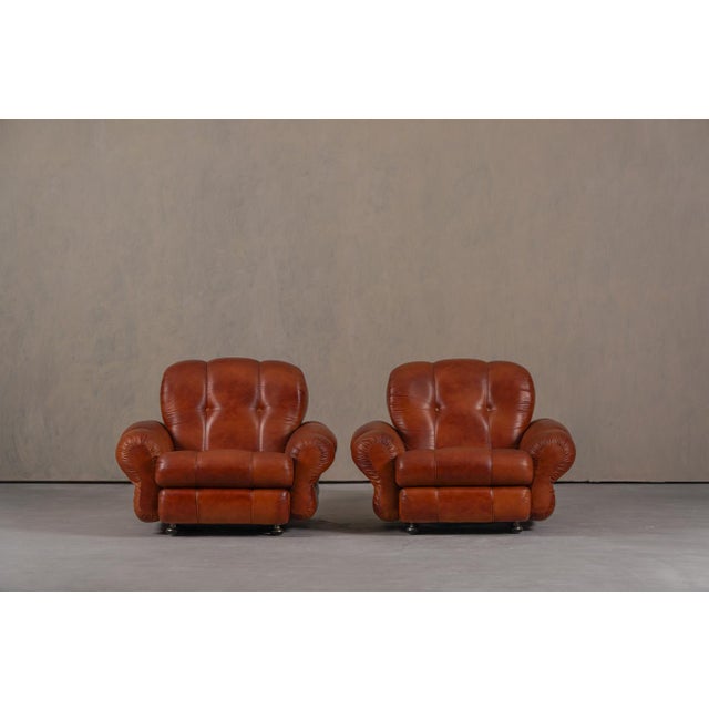Vintage Italian Club Chairs in Cognac Leatherette, Italy, 1970s, Set of 2, in Flawless conditions. Designed 1970 to 1979