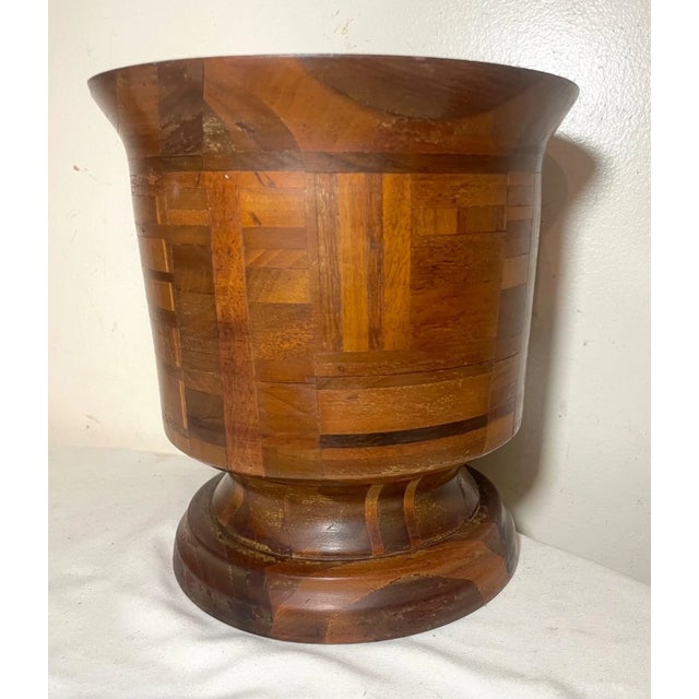 Share Huge Rare Antique Hand Made Turned Carved Wood Marquetry Mortar and Pestle Large For Sale - Image 10 of 12