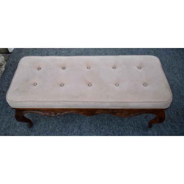 French Country Window Bench Vintage Tufted Upholstered Carved End Stool For Sale - Image 4 of 15