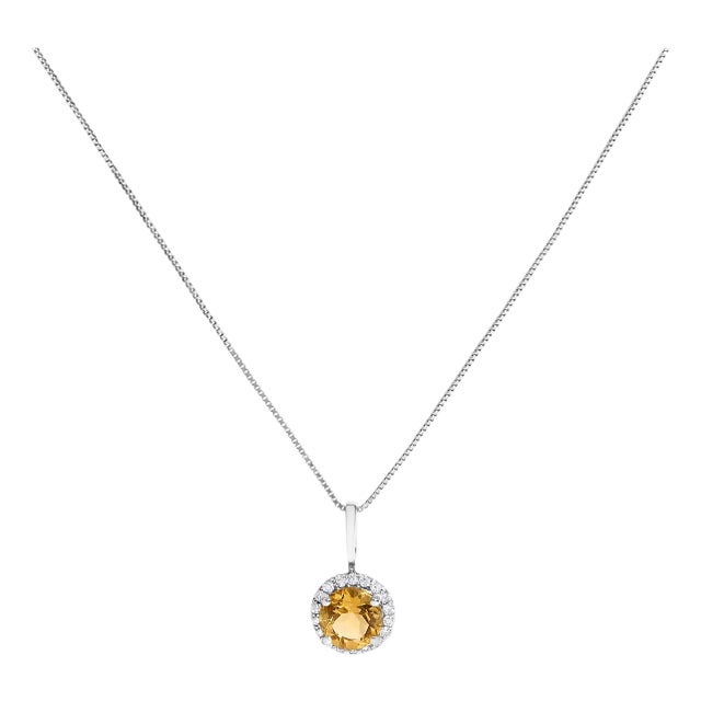 10K White Gold Orange Citrine and 1/10 Cttw Diamond Accent Halo Pendant Necklace For Sale