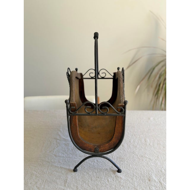Brown Vintage Wicker and Iron Storage Basket, Sculptural Magazine Rack With Tassel Detail, 18” H X 16” W For Sale - Image 8 of 10