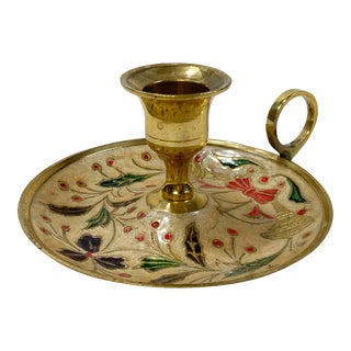 Cloisonne and Brass Holiday Berry Candlestick Holder For Sale