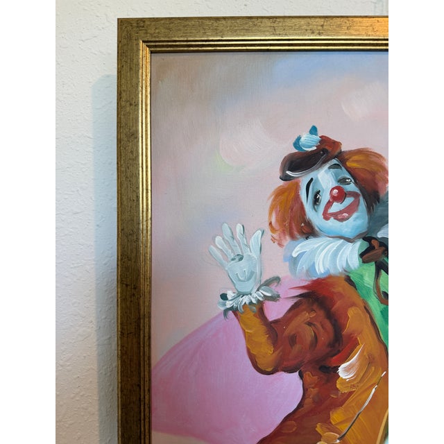 Late 20th Century Oil Painting Clown Musician Signed L. Angeli Colorful Figurative Art Circus For Sale - Image 10 of 12