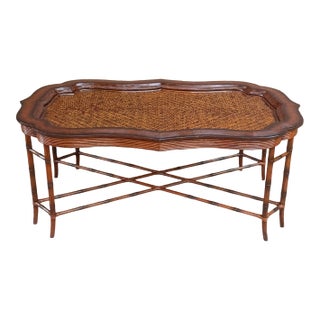 1980s Maitland-Smith Regency Faux Bamboo Base Leather and Wicker Tray Top Coffee Table For Sale