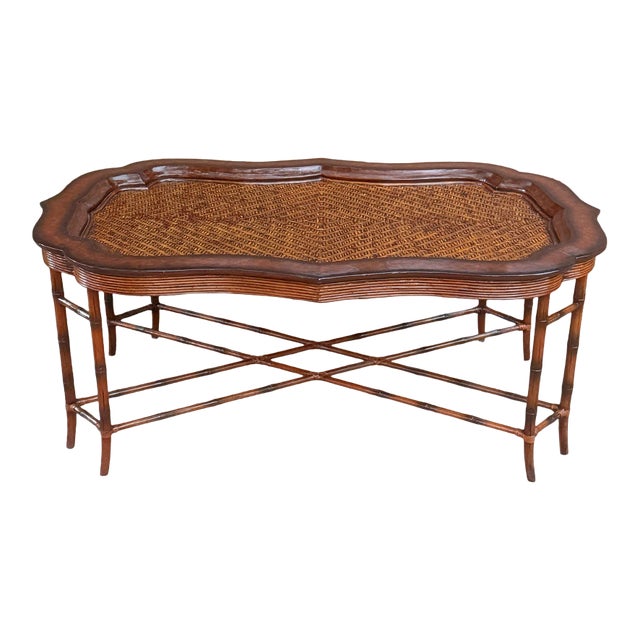 1980s Maitland-Smith Regency Faux Bamboo Base Leather and Wicker Tray Top Coffee Table For Sale