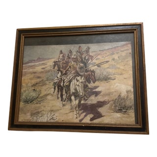 Vintage Framed Western Narrative Print - Plains Indians Warriors on Horseback For Sale