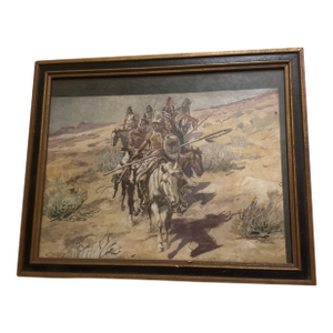 Vintage Framed Western Narrative Print - Plains Indians Warriors on Horseback