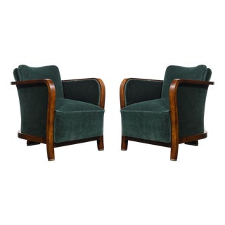 Pair of Art Deco Walnut Armchairs in Eucalyptus Mohair Velvet W/ Nickel Sabots For Sale