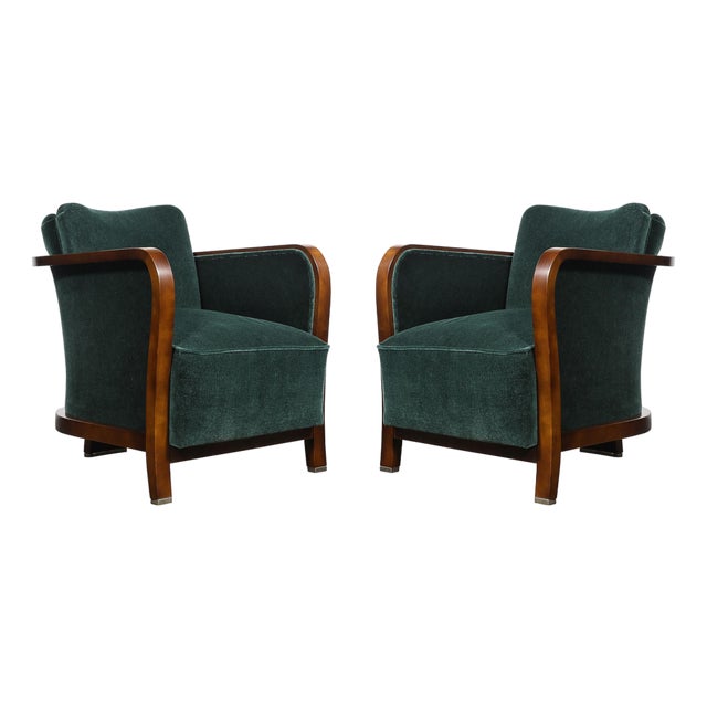 Pair of Art Deco Walnut Armchairs in Eucalyptus Mohair Velvet W/ Nickel Sabots For Sale