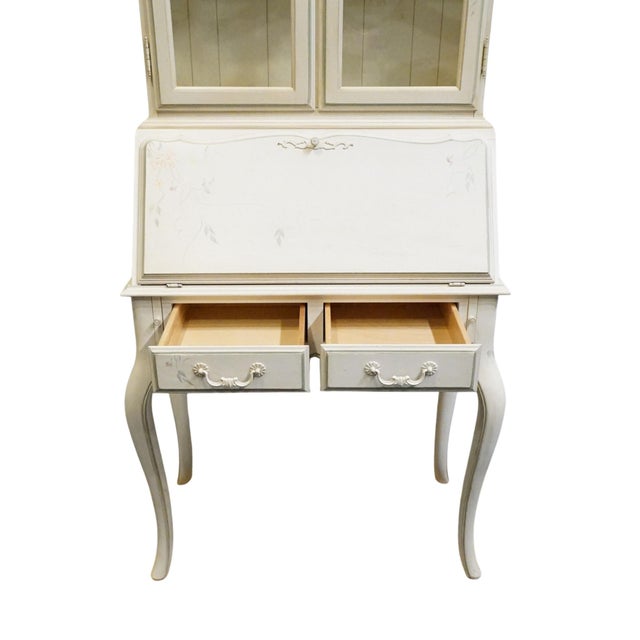 Ethan Allen Country French Collection Off White 32" Secretary Desk W. Display Hutch - Hand Painted Accents 26-9204 / 26-9205 For Sale - Image 10 of 18