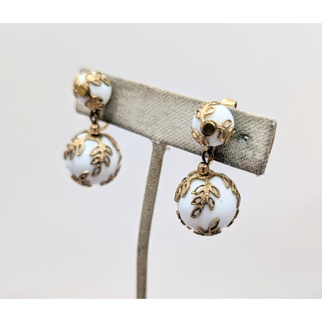 1950s Vintage Early 1950s Signed Napier Goldtone White Resin Filigree Drop Clip Earrings-2 Pieces For Sale - Image 5 of 10
