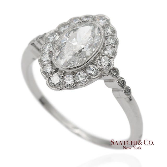 Metal Vintage Platinum 900 Natural Diamond Milgrain Oval Shape Engagement Band Ring, Size 7 For Sale - Image 7 of 10