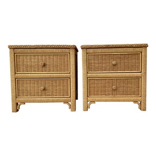 Vintage Coastal Style Wicker Nightstands by Henry Link for Lexington (A Pair) For Sale