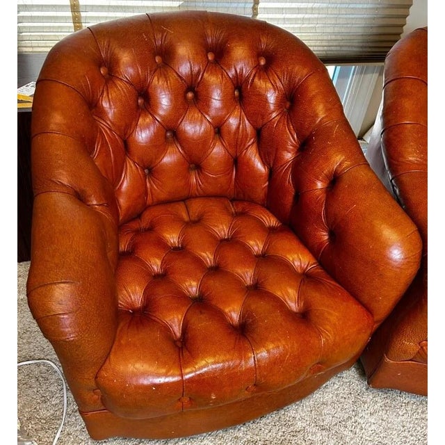 Vintage 1980s Pair of Cognac Tufted Barrel Club Chairs by Classic Leather Inc., Hickory Nc – Top Grain Leather on Brass Shepherd Casters For Sale - Image 4 of 17