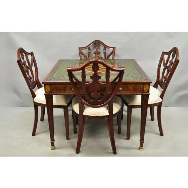 Maitland Smith Marquetry Inlaid Green Tooled Leather Top Mahogany Game Table Set with 4 Carved Shield Back Side Chairs - 5...