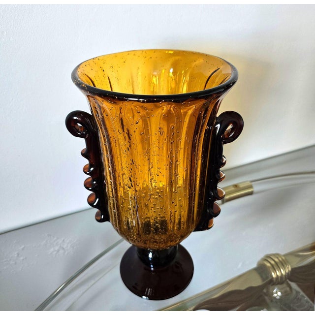 Barovier & Toso 1980s Pair of Amber Murano Glass Vases, Neoclassical Style For Sale - Image 4 of 10