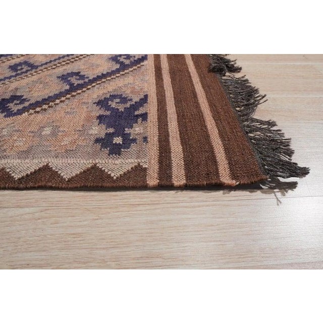 Contemporary 5x8 Brown Flat Weave Wool Diamond Key Pattern Geometric Modern Carpet Rug For Sale - Image 3 of 6