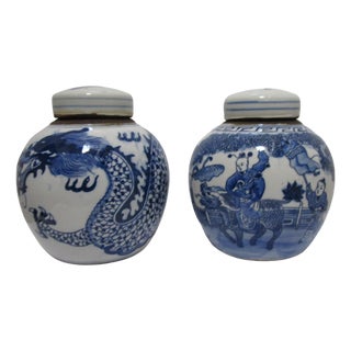Mid 20th Century Pair of Blue and White Ceramic Jars with Dragon and Figural Ancestral Motif For Sale
