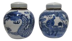 Mid 20th Century Pair of Blue and White Ceramic Jars with Dragon and Figural Ancestral Motif