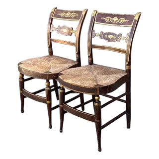 Vintage Hand Painted Hitchcock Rush Seat Chairs - Set of 2 For Sale