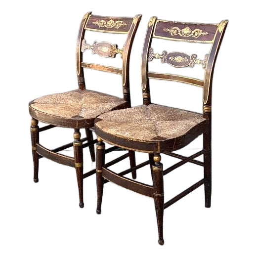 Vintage Hand Painted Hitchcock Rush Seat Chairs - Set of 2 For Sale