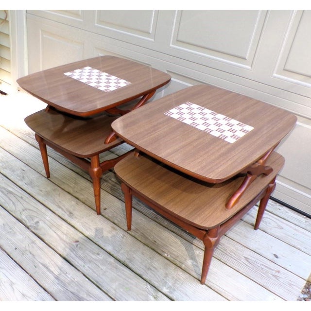 Vintage Pair Reiss Mid Century Modern 2 Tier Tile Top Walnut Side Tables For Sale - Image 12 of 17