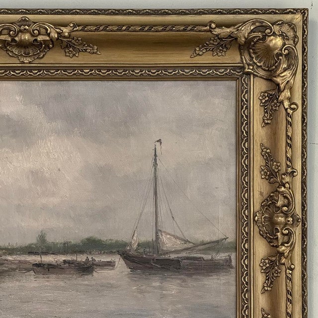 Gray 19th Century Belgian Oil on Canvas Painting of Riverboats by Romain Steppe in Original Gilt Frame For Sale - Image 8 of 16