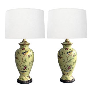 Pair Bradburn Gallery Linen-Over-Plaster Lamps With Hand-Painted Bird Motifs For Sale