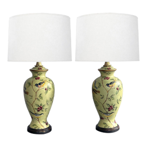 Pair Bradburn Gallery Linen-Over-Plaster Lamps With Hand-Painted Bird Motifs