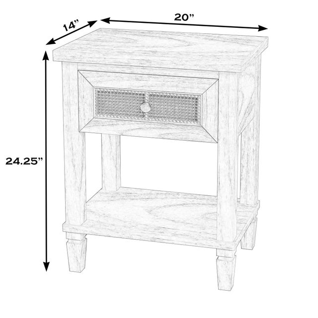 Spritely Home Accent Furniture Flagstaff 20 in. W Rectangular Cane and Wood 1 Drawer Nightstand with Lower Open Shelf, Washed Black For Sale - Image 4 of 11